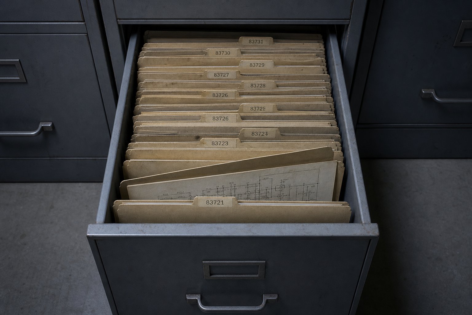 Illustration of a metal filing drawer packed with numbered technical folders, one open on a circuit diagram — unused records, not a live R&D programme