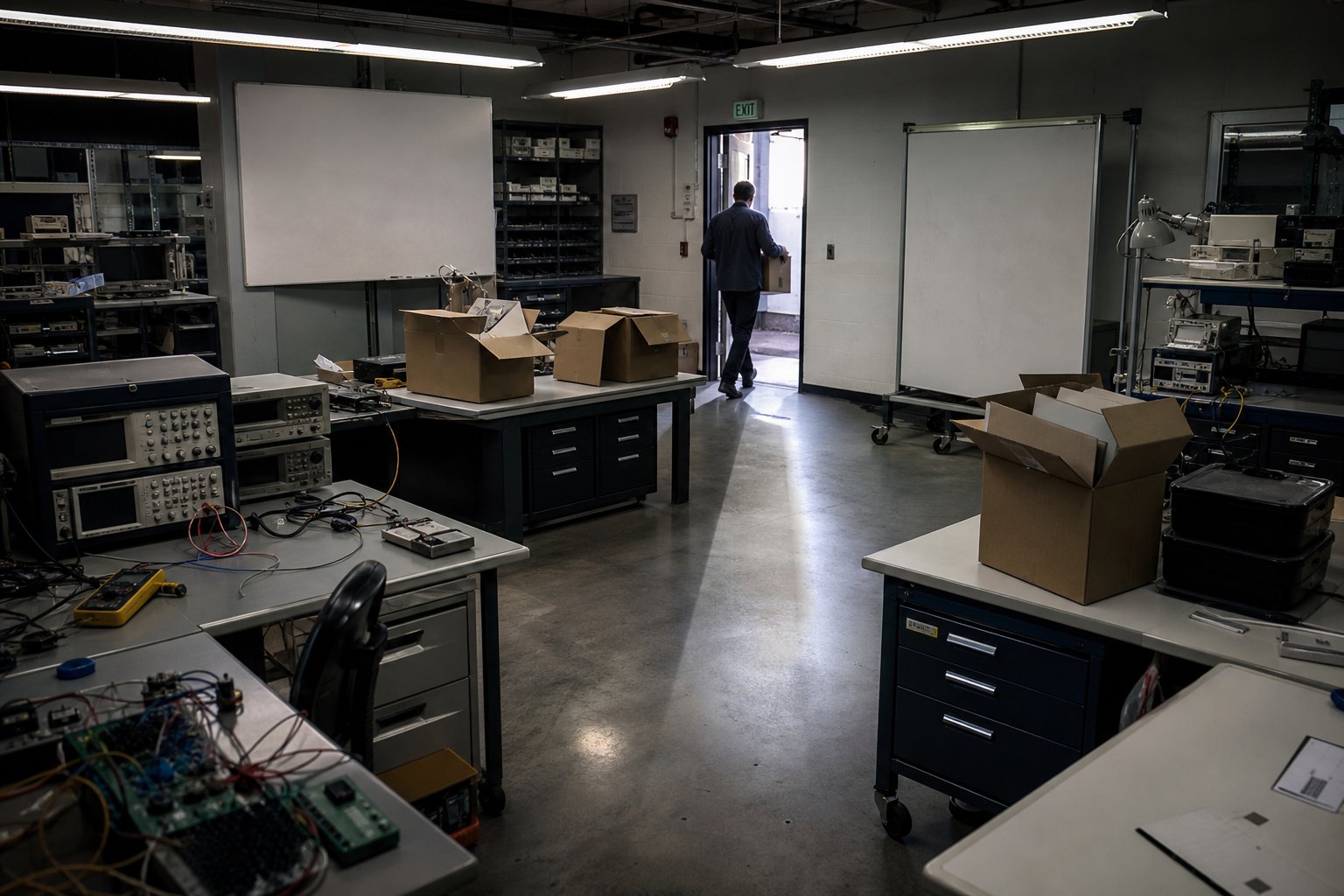 Illustration of an electronics R&D lab emptying — workstations packed, whiteboards blank, one person leaving with a box, no face shown