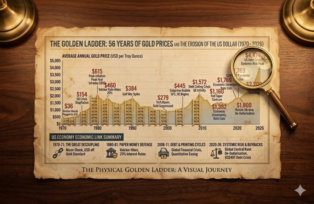 1971 petrodollar fraud and gold price suppression: The Golden Ladder of gold prices versus the US dollar, 1970–2026