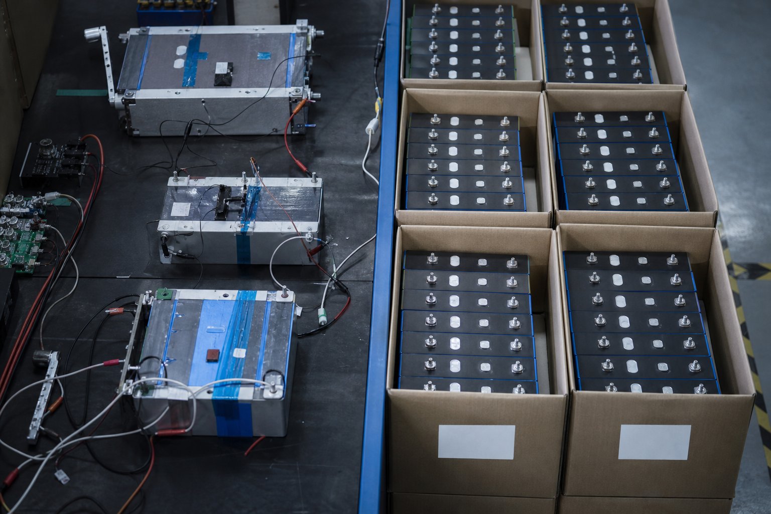 Illustration of experimental battery modules on a bench beside cartons of identical commodity cells with blank labels
