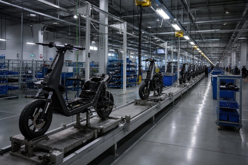 Illustration of a quiet electric two-wheeler assembly line — generic scooters on jigs, no brand marks