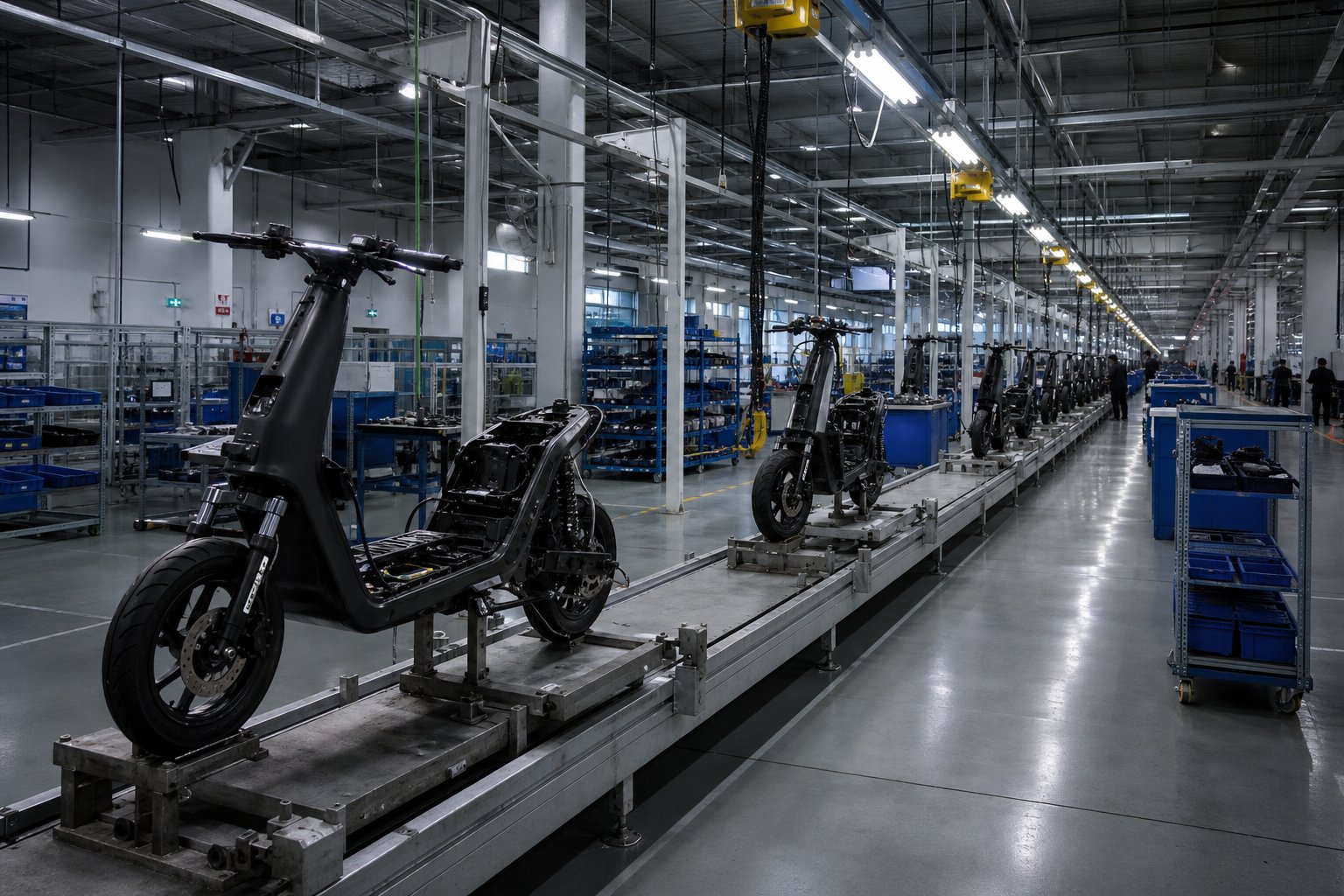 Illustration of a quiet electric two-wheeler assembly line — generic scooters on jigs, no brand marks