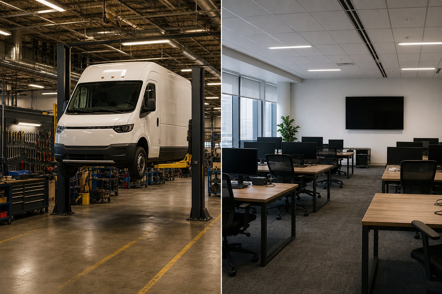 Illustration contrasting a working commercial EV workshop on a lift with an empty open-plan startup office