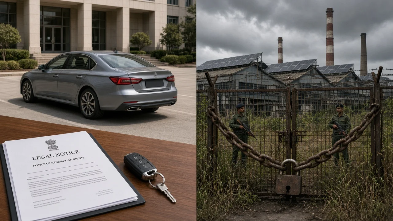 Split visual showing a repossessed car under orderly banking notice versus a chained and rusting manufacturing plant under IBC liquidation