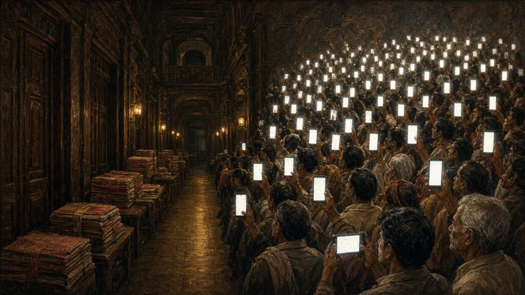 Colonial teak corridor pierced by a sea of citizen smartphone screens