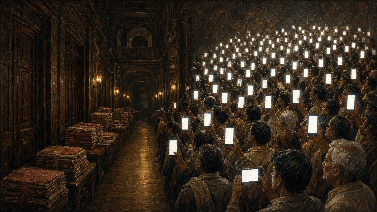 Colonial teak corridor pierced by a sea of citizen smartphone screens