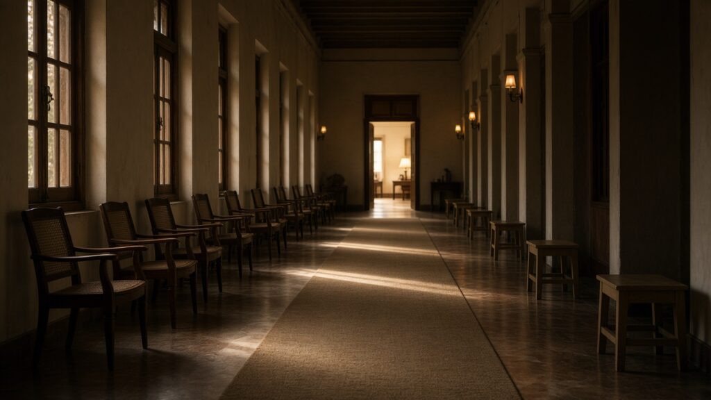 One lit corridor of power; empty chairs of paths not taken