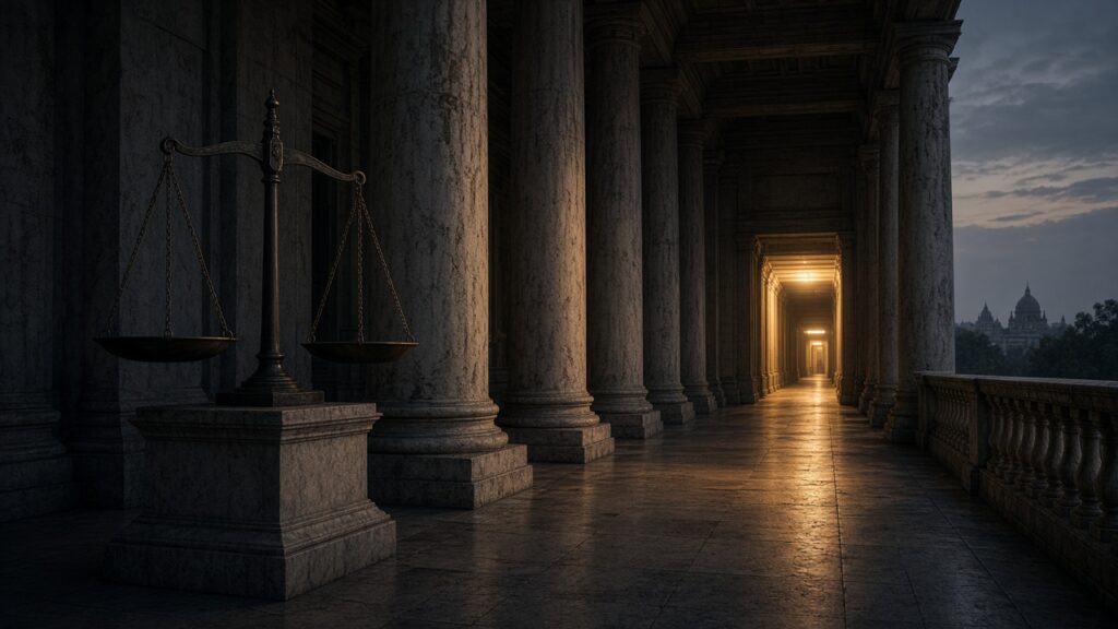 Pillars of justice in shadow; executive corridor of light