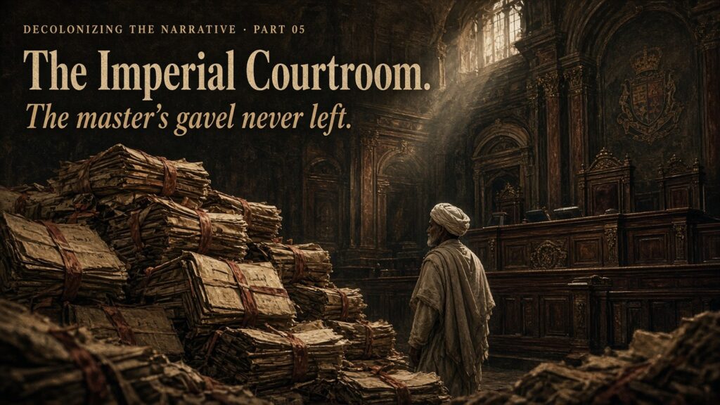 Colonial courtroom — mountain of red-tape files dwarfing an Indian litigant
