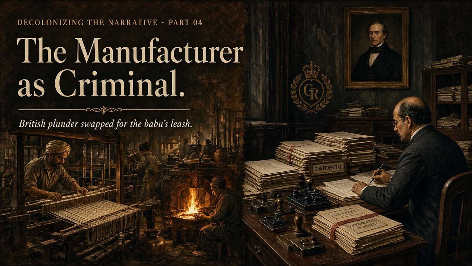Industrial workshop fading into imperial red-tape desk — manufacturer as criminal
