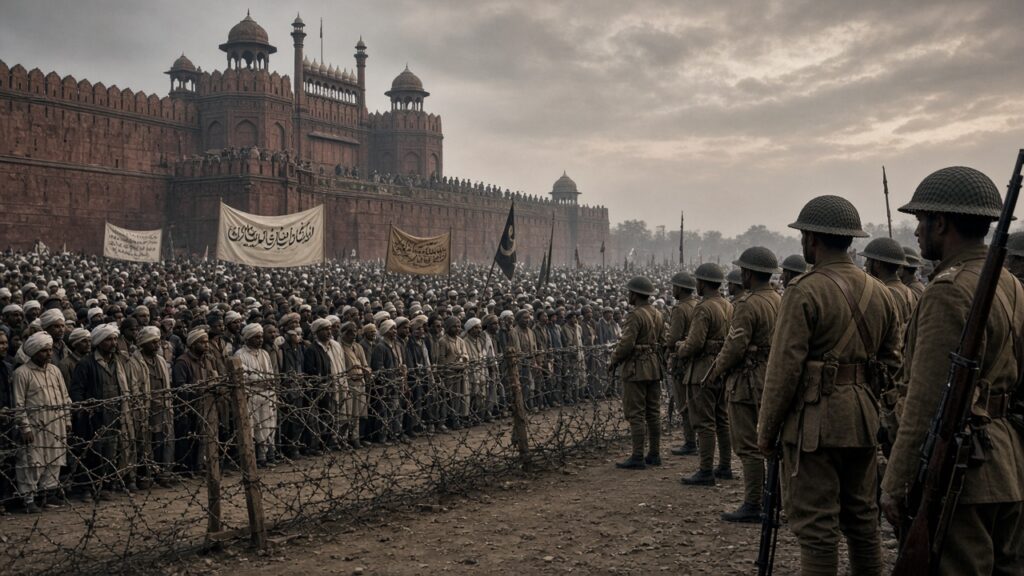 1945 Red Fort — multi-faith crowds confront British military police during INA trial protests