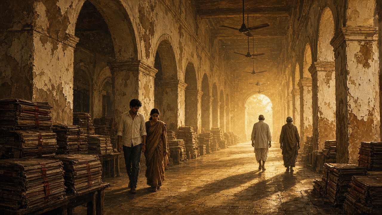 Dusty court corridor — young couple enters, elderly figures exit into fading light
