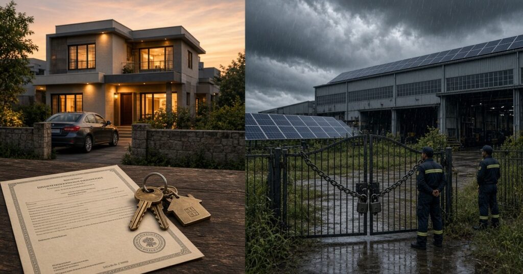 Split visual comparing a protected suburban Indian house with legal redemption keys against a chained industrial manufacturing factory under NCLT liquidation