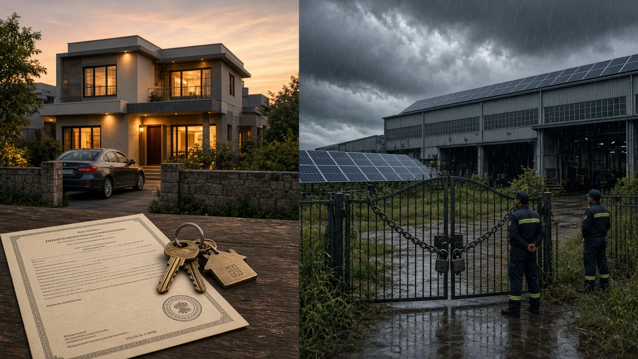 Split visual comparing a protected suburban Indian house with legal redemption keys against a chained industrial manufacturing factory under NCLT liquidation