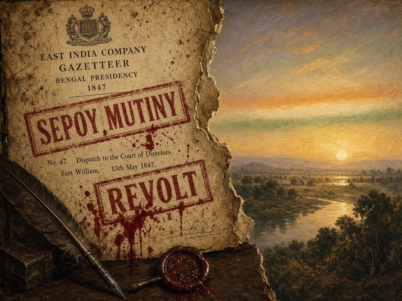 Colonial gazetteer stamped Sepoy Mutiny beside the dawn of a free nation
