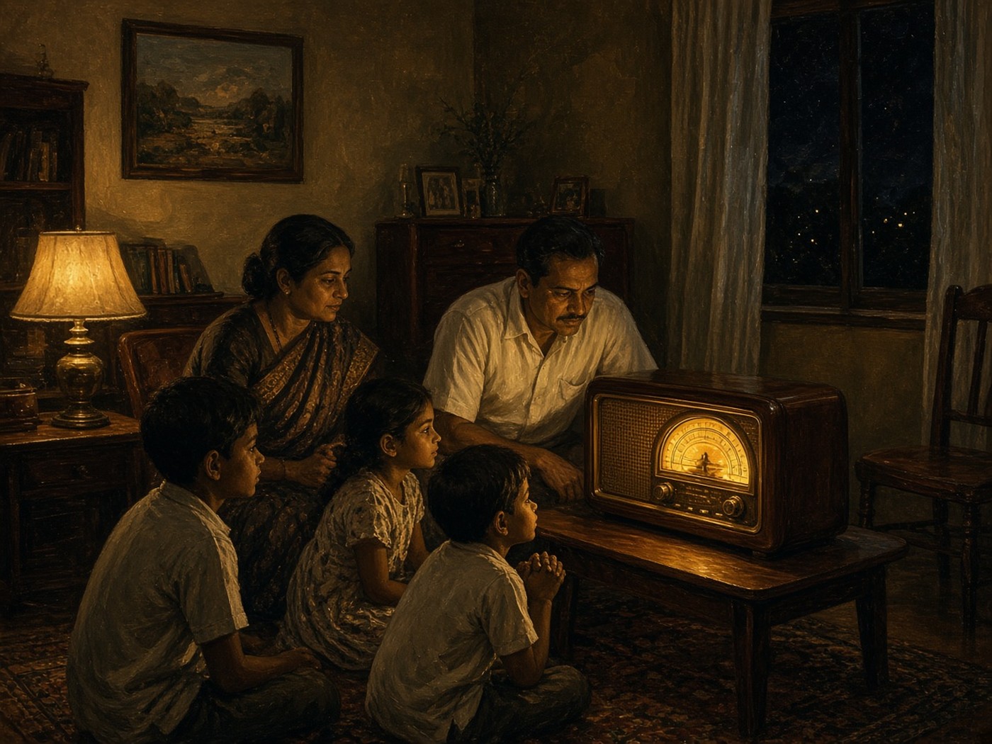 1960s Indian family listening to BBC World Service on shortwave radio
