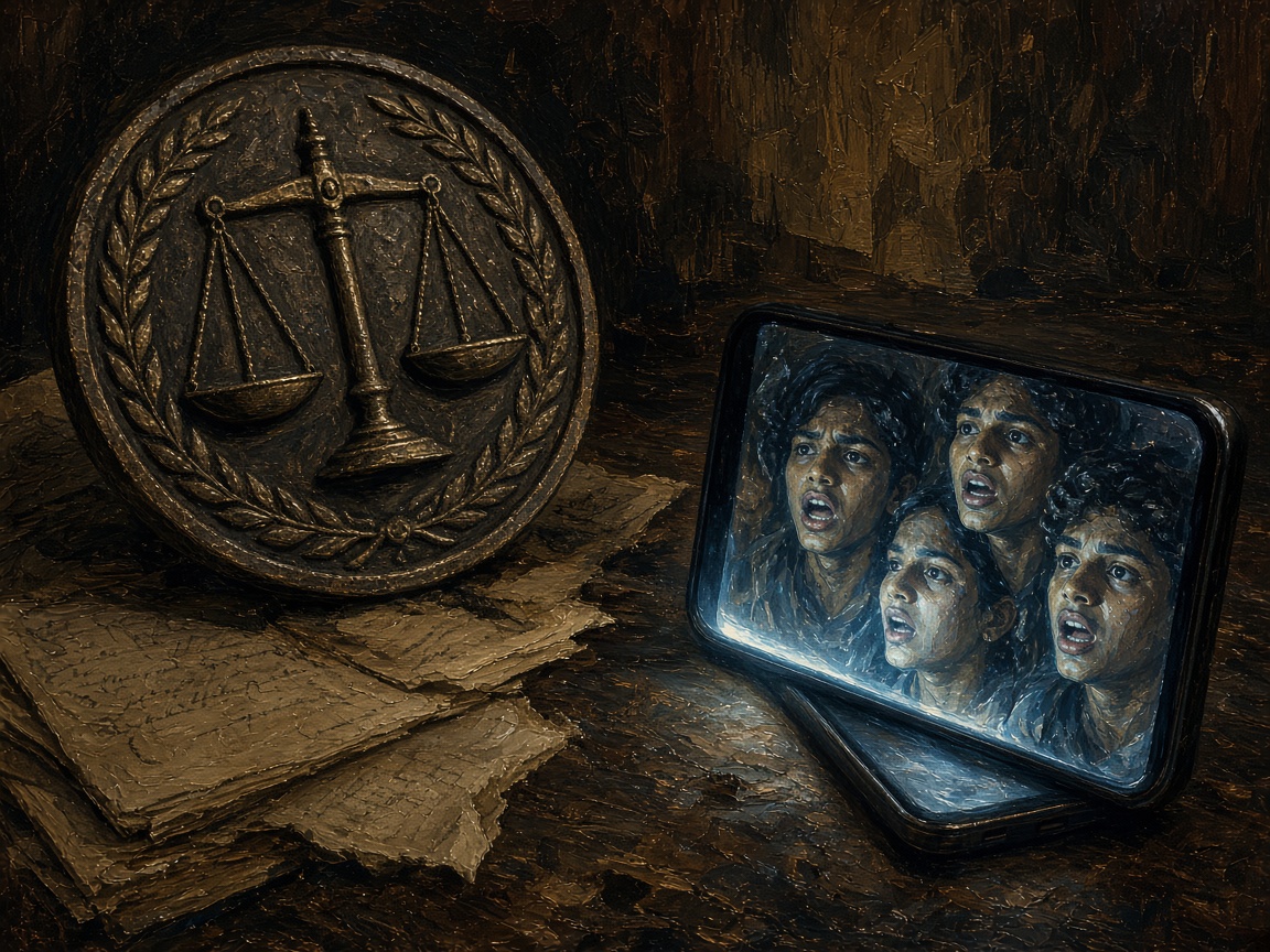 Colonial contempt seal beside a smartphone lighting Gen Z faces speaking out