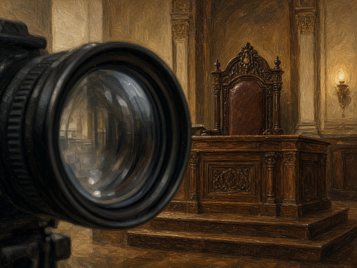Digital camera lens framing a traditional wooden judicial dais