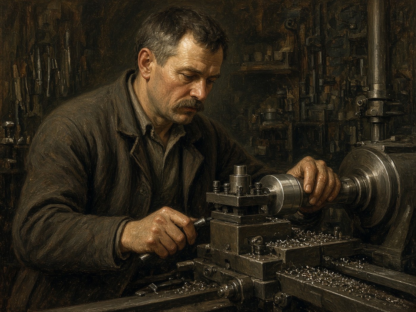 Post-war craftsman at precision lathe — dignity of making machines