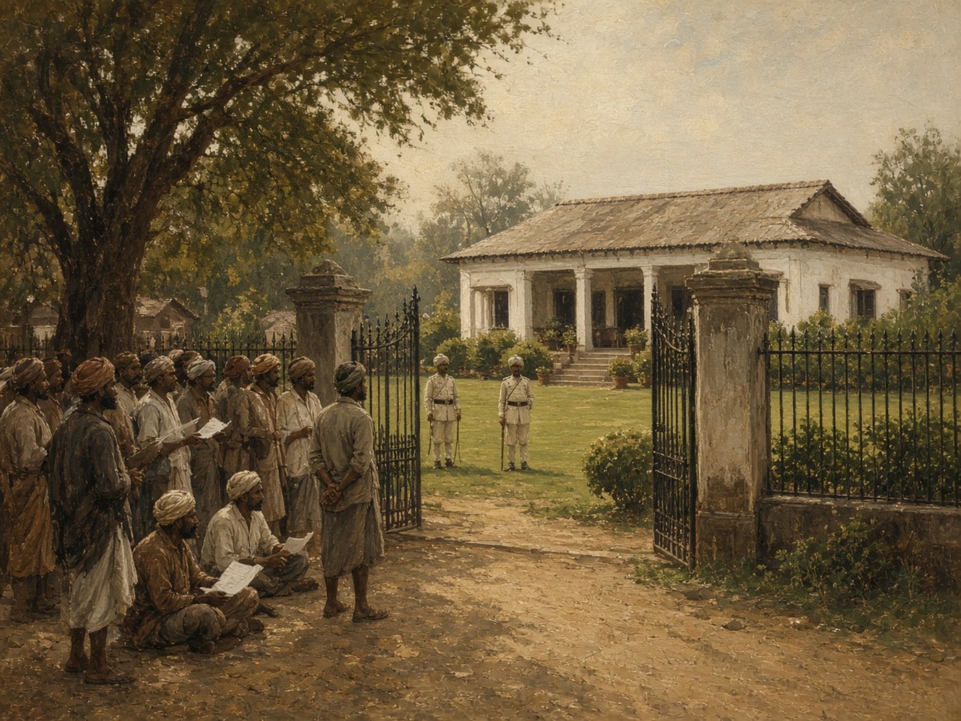 District Magistrate bungalow compound with petitioners waiting outside the gates