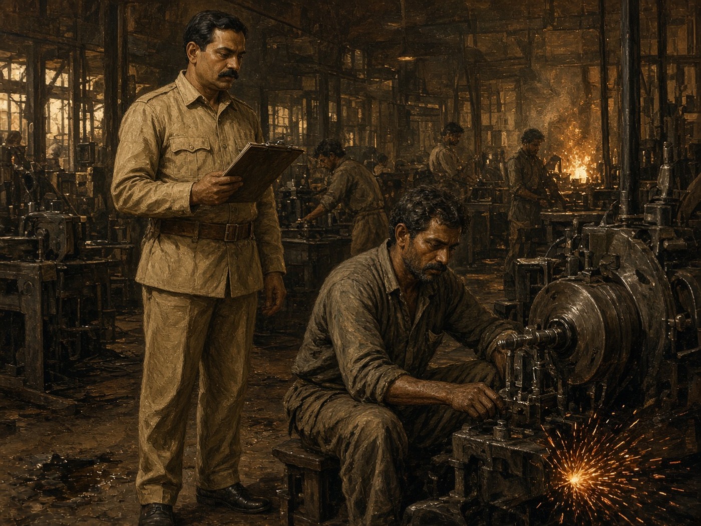 Bureaucrat with clipboard standing over engineer on Indian factory shop floor
