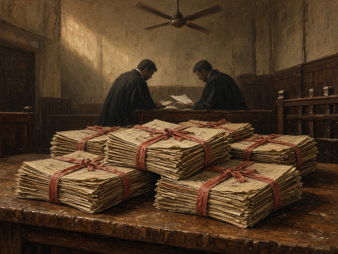 Wooden court bench strewn with five overlapping red-tape case files, advocates conferring under a ceiling fan