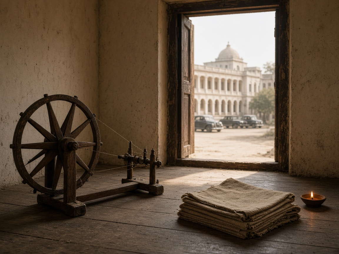 Charkha and austere ashram room — Aparigraha against dynastic inheritance