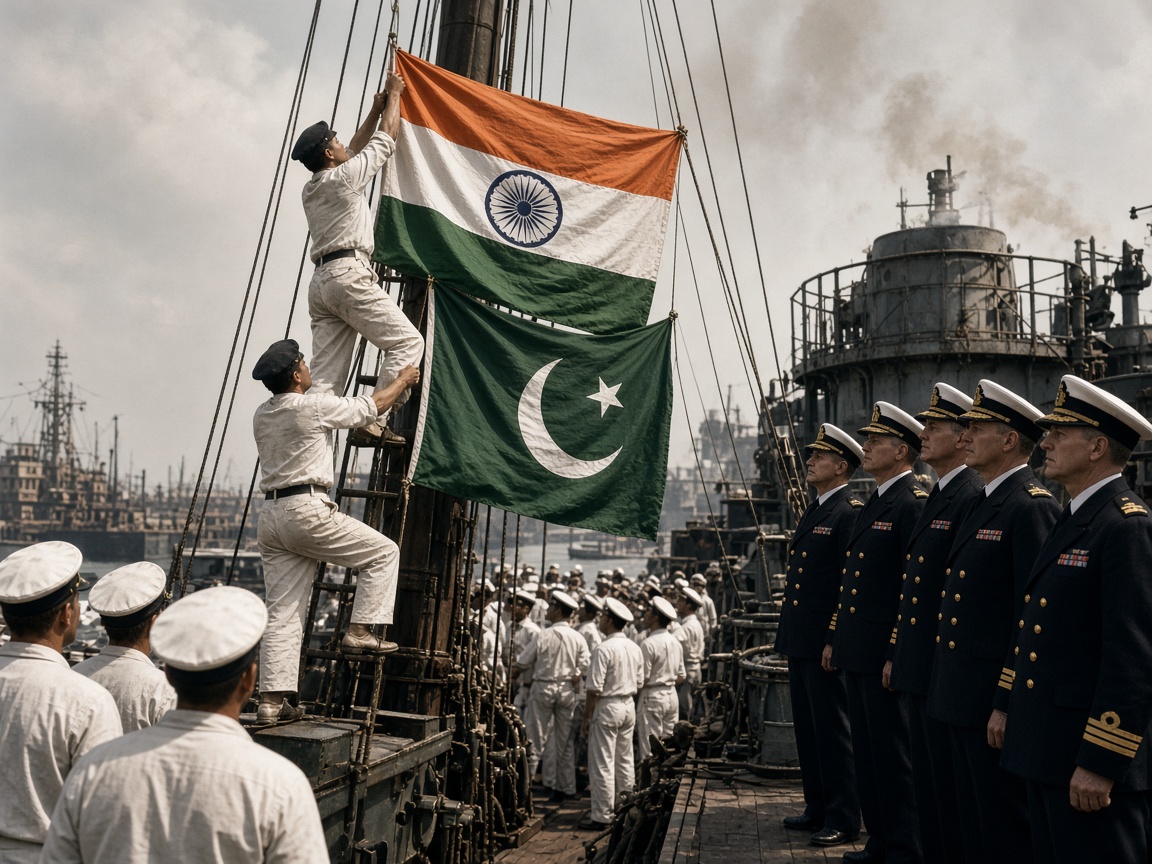 February 1946 — Indian naval ratings on HMIS Talwar hoist rebellion flags in Bombay harbour