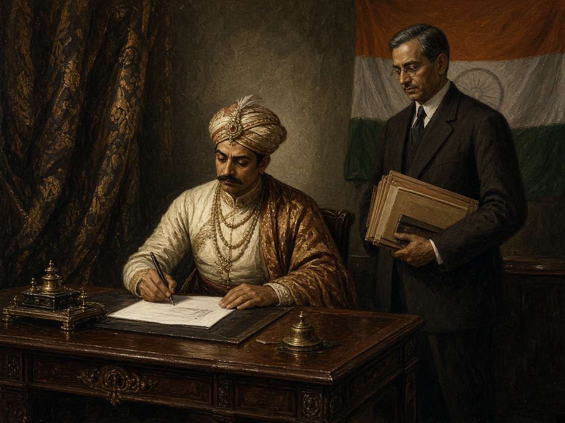 A princely ruler signing the Instrument of Accession, 1947