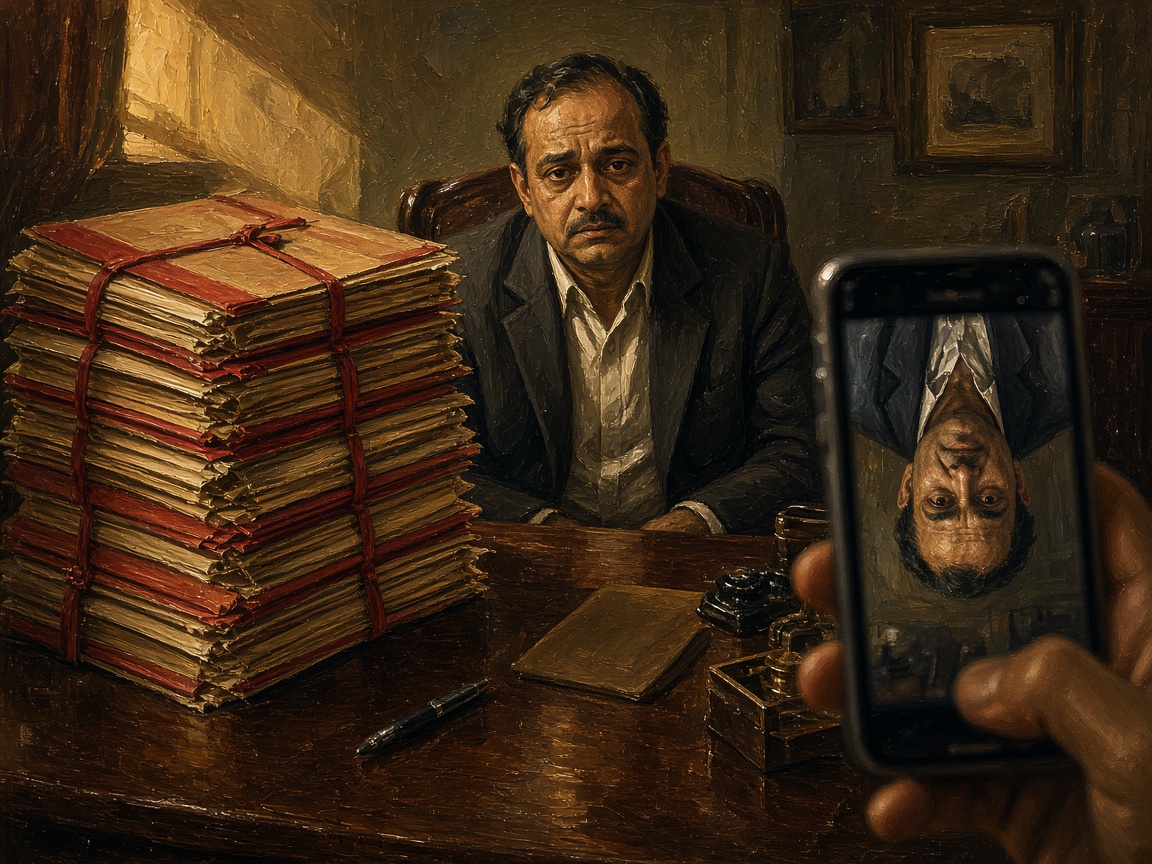 Uneasy bureaucrat at mahogany desk reflected in a citizen’s smartphone camera