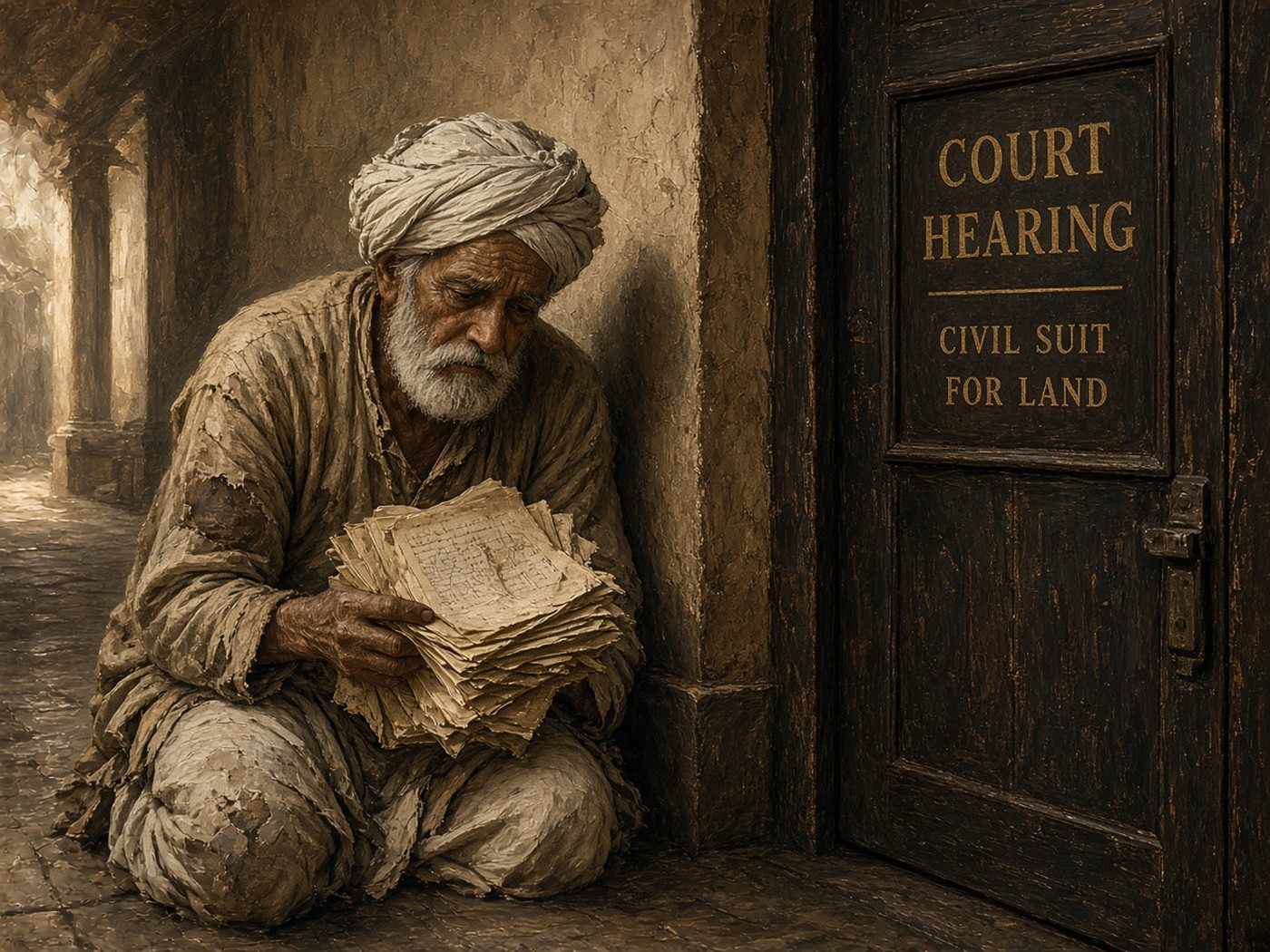 Elderly Indian farmer outside courtroom clutching land papers, excluded by English