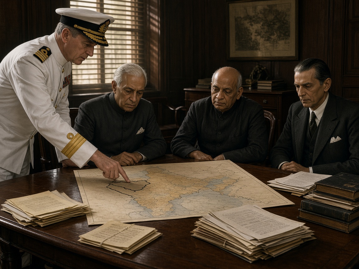Mountbatten at the partition map table with Nehru, Patel, and Jinnah, June 1947