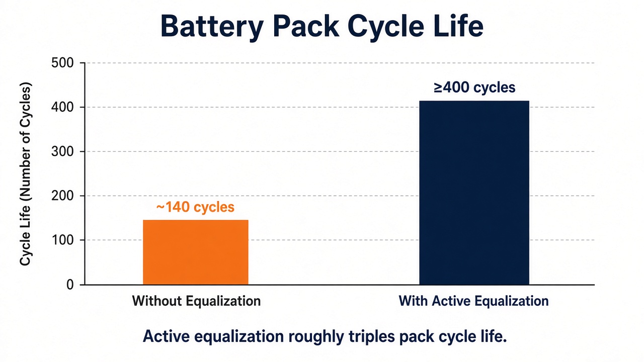 Cycle life comparison with and without active equalization