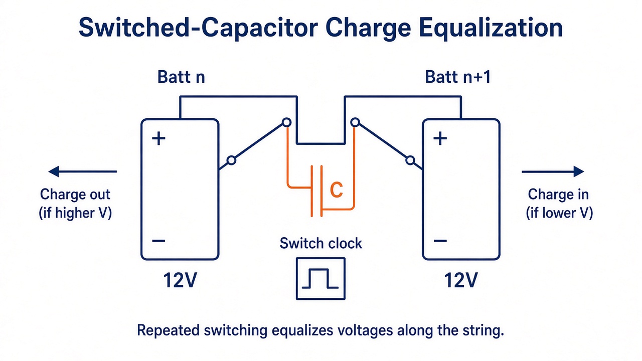 Switched-capacitor charge equalization between adjacent batteries
