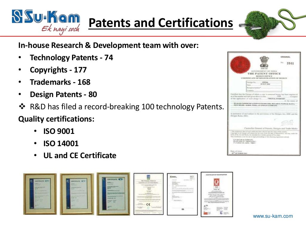 Su-Kam patents and certifications slide from IOD deck