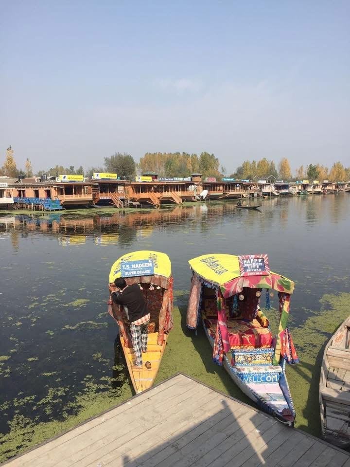 Traditional Kashmiri shikaras Happy Life and T.S. Nadeem Super Deluxe docked on Dal Lake with houseboats behind