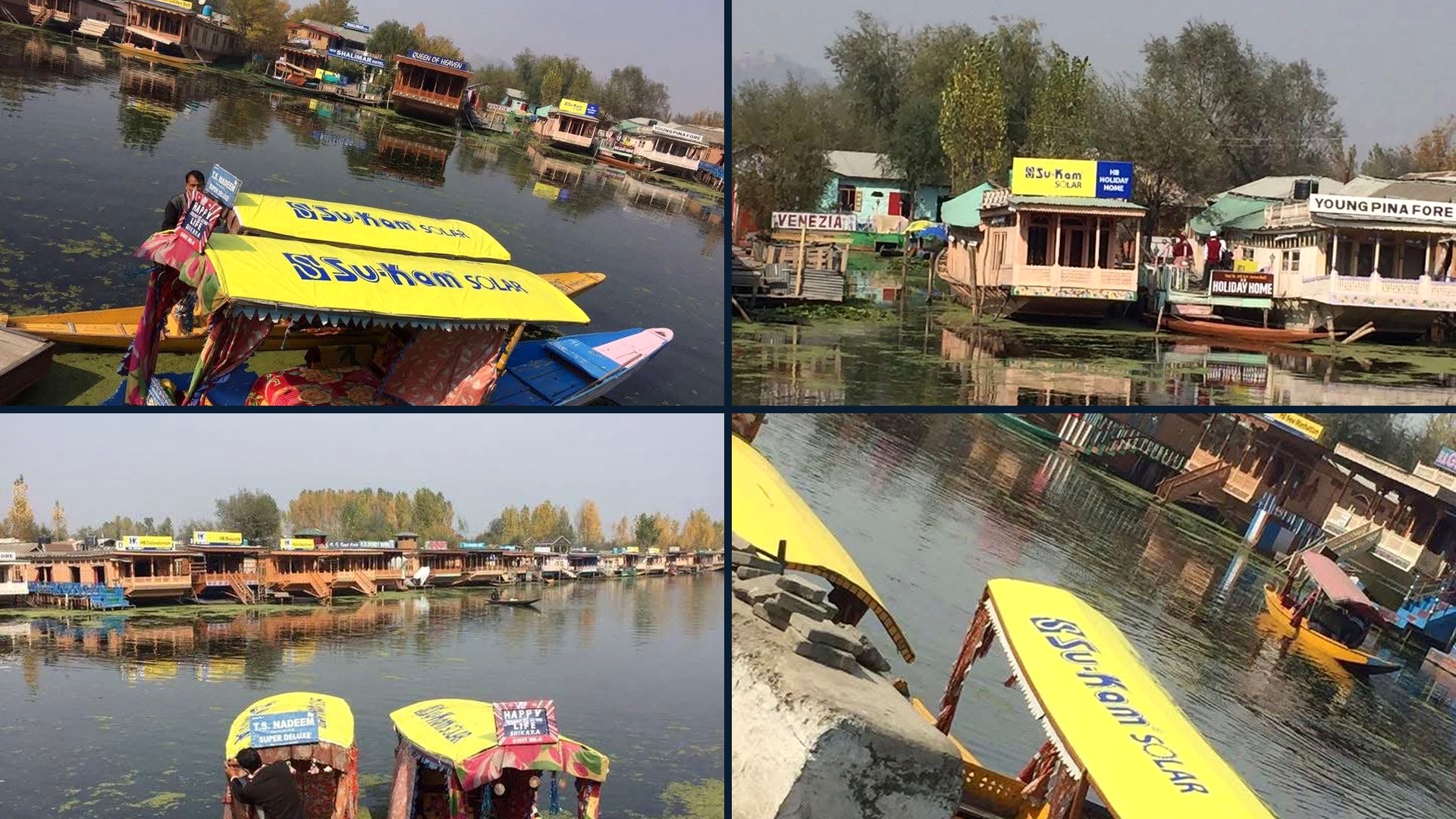 Dal Lake archive collage — Su-Kam Solar shikaras with yellow canopies, houseboat sign, ghat boats, and canopy solar panels