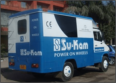 Su-Kam Power On Wheels blue-and-white demonstration van with POWER ON WHEELS branding