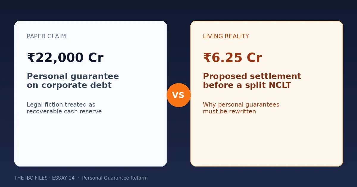Contrast graphic: ₹22,000 crore paper personal-guarantee claims versus a ₹6.25 crore proposed settlement under India’s IBC