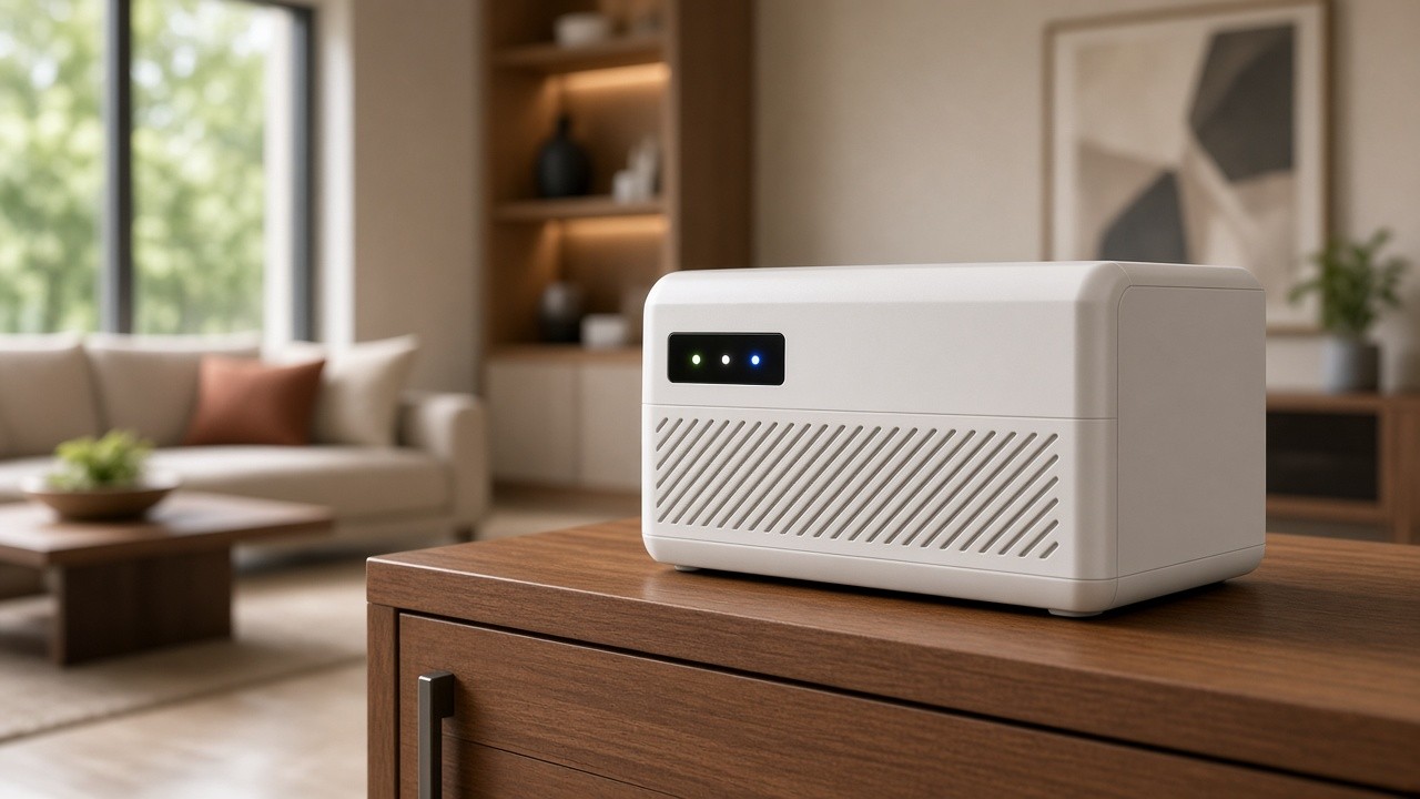 Sleek Falcon HF high-frequency home inverter with plastic body in a contemporary living room