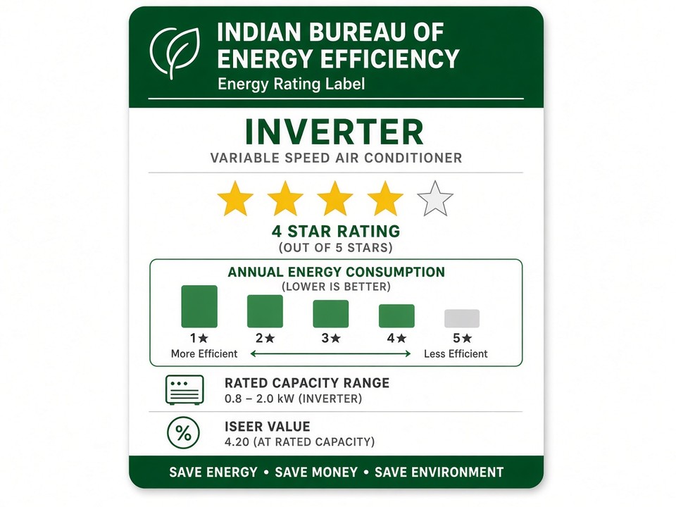 Illustrative energy-efficiency label showing a four-star rating for the Falcon HF inverter