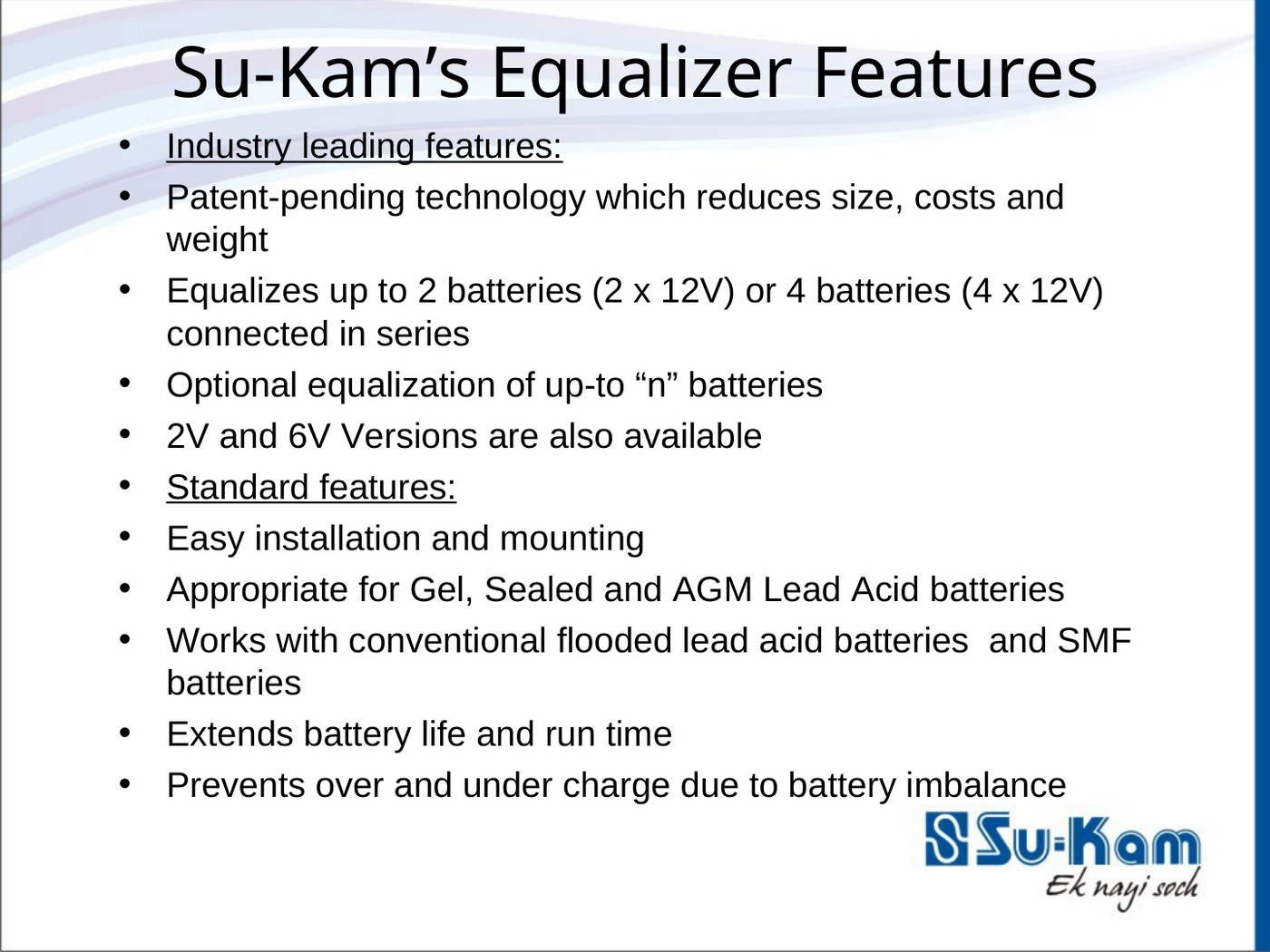 Su-Kam Battery Equalizer features — patent-pending, 2 or 4 battery equalization, Gel AGM flooded SMF