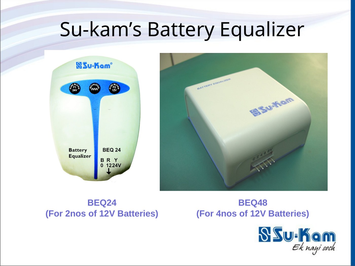 Su-Kam Battery Equalizer products — BEQ24 for 2×12V and BEQ48 for 4×12V batteries