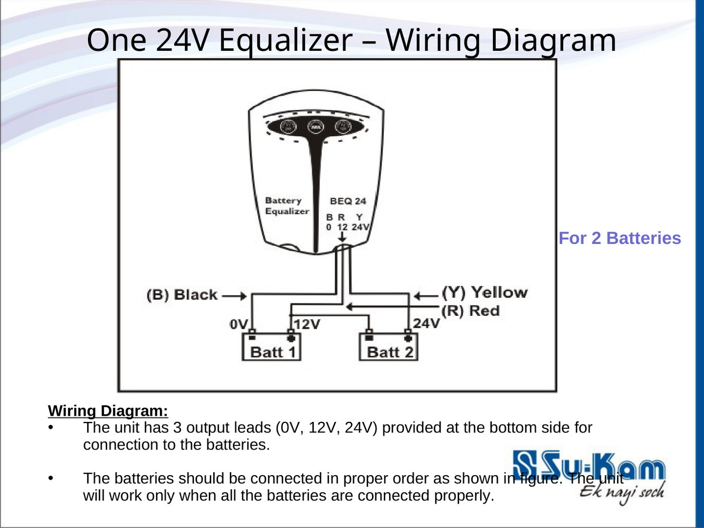 Wiring diagram — one 24V Su-Kam Battery Equalizer for two 12V batteries