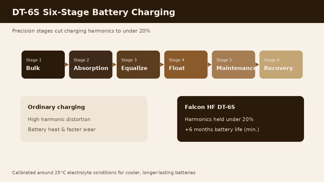 Diagram of DT-6S six-stage battery charging and low-harmonic charging benefits