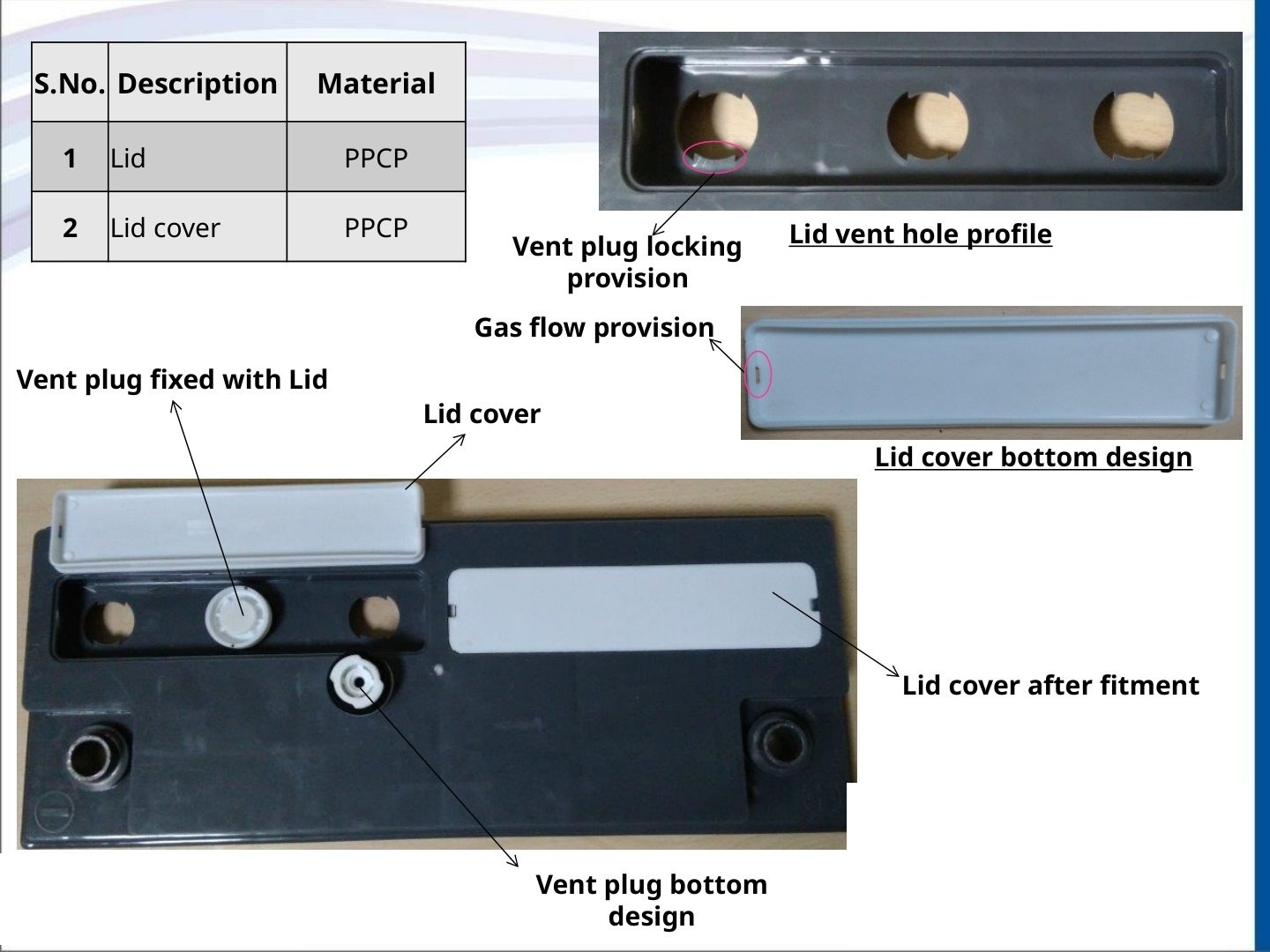 Gel battery lid and lid cover design details — vent hole profile and gas flow