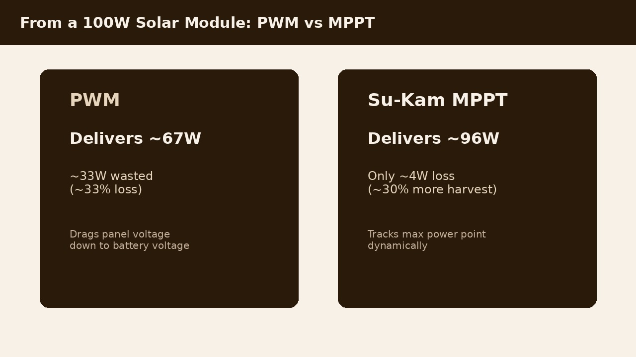 PWM vs Su-Kam MPPT — from a 100W solar module, PWM delivers ~67W while MPPT delivers ~96W