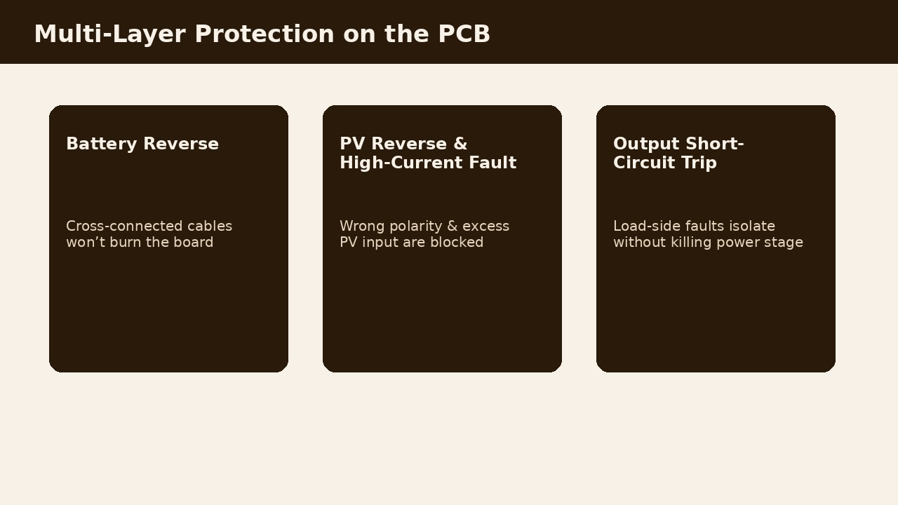 Diagram of battery reverse, PV reverse/high-current, and output short-circuit protection layers