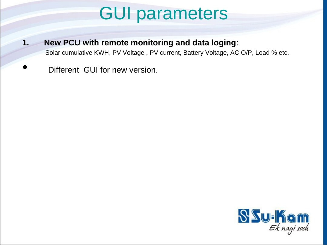 GUI parameters — new PCU remote monitoring with solar cumulative kWh