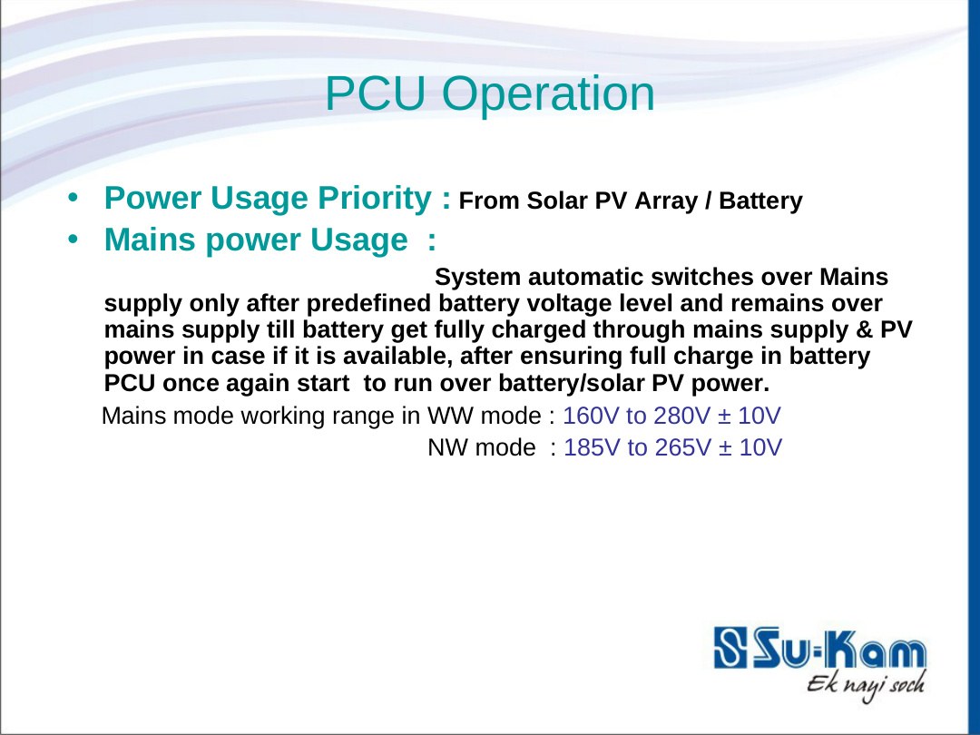 PCU operation — solar/battery priority and WW/NW mains voltage windows